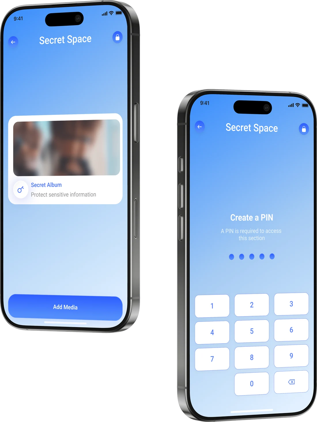 Secret Space: Secret Album and Create a PIN screens